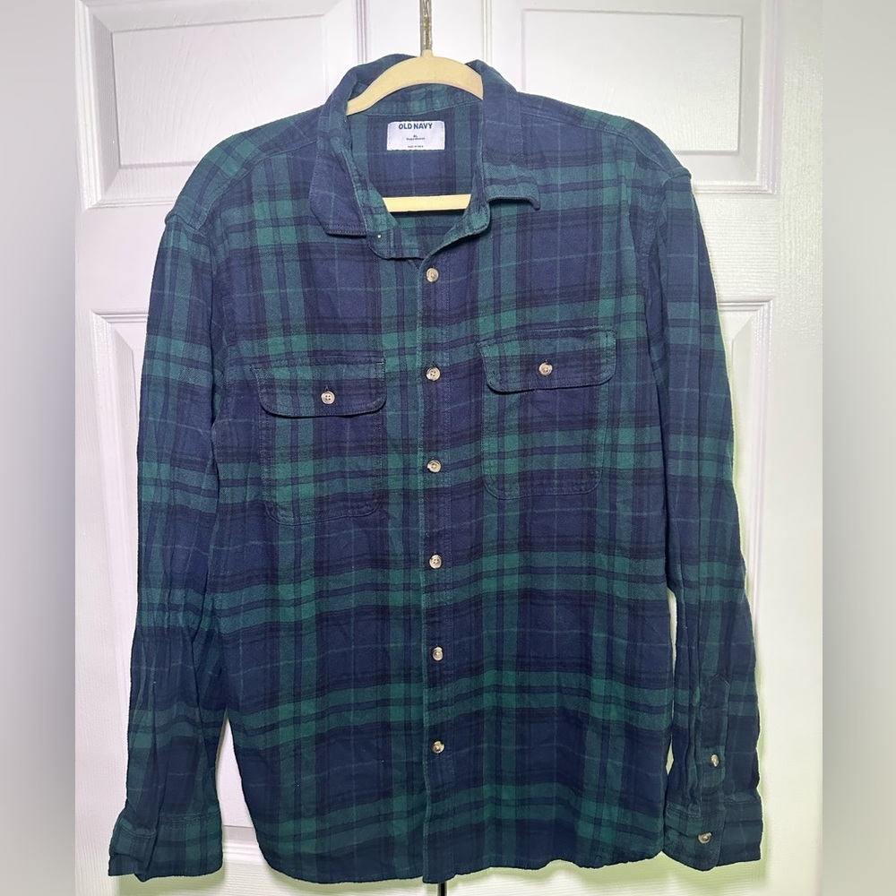 Old Navy Men’s Flannel Shirt - Green & Navy Plaid - Size XL